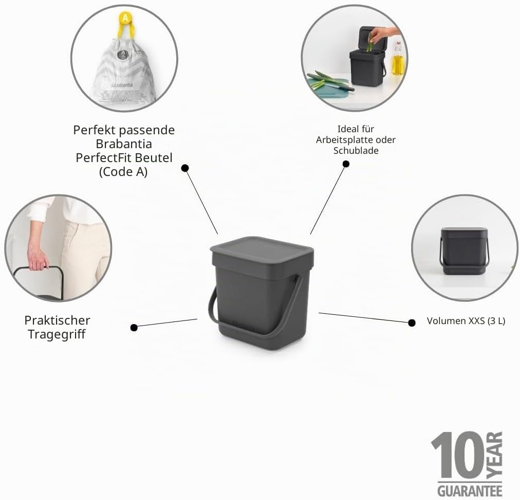 Brabantia Sort & Go Abfalleimer mit Deckel 3 L (grau), platzsparender Biomüll Behälter mit Griff, ab