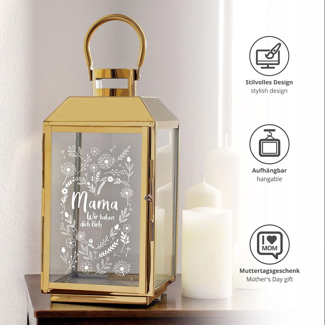 Casa Vivente Laterne aus goldfarbenen Edelstahl mit Gravur für Mama, Ich Habe Dich lieb, Deko-Windli