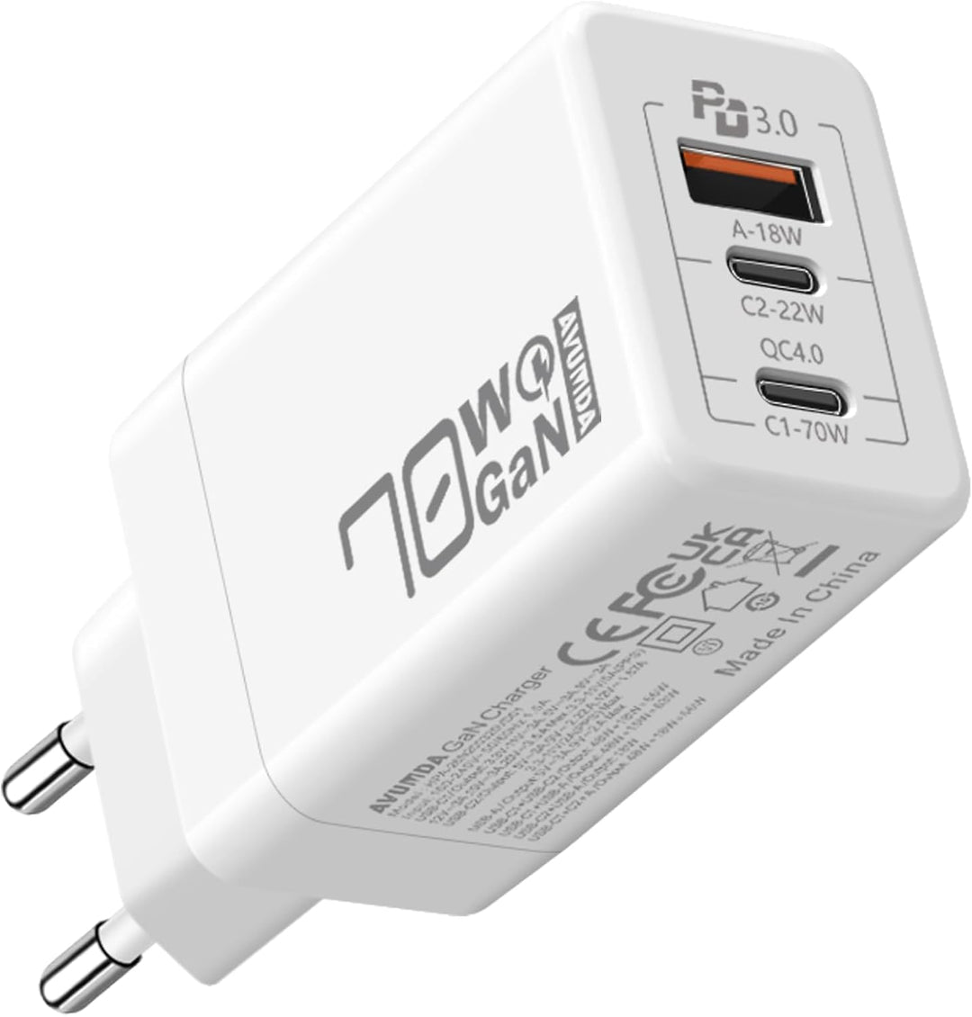 AVUMDA 70W USB C Ladegerät, Type C PD 3.0 GaN Netzteil 3-Port USB C Netzteil für MacBook Pro Air M1
