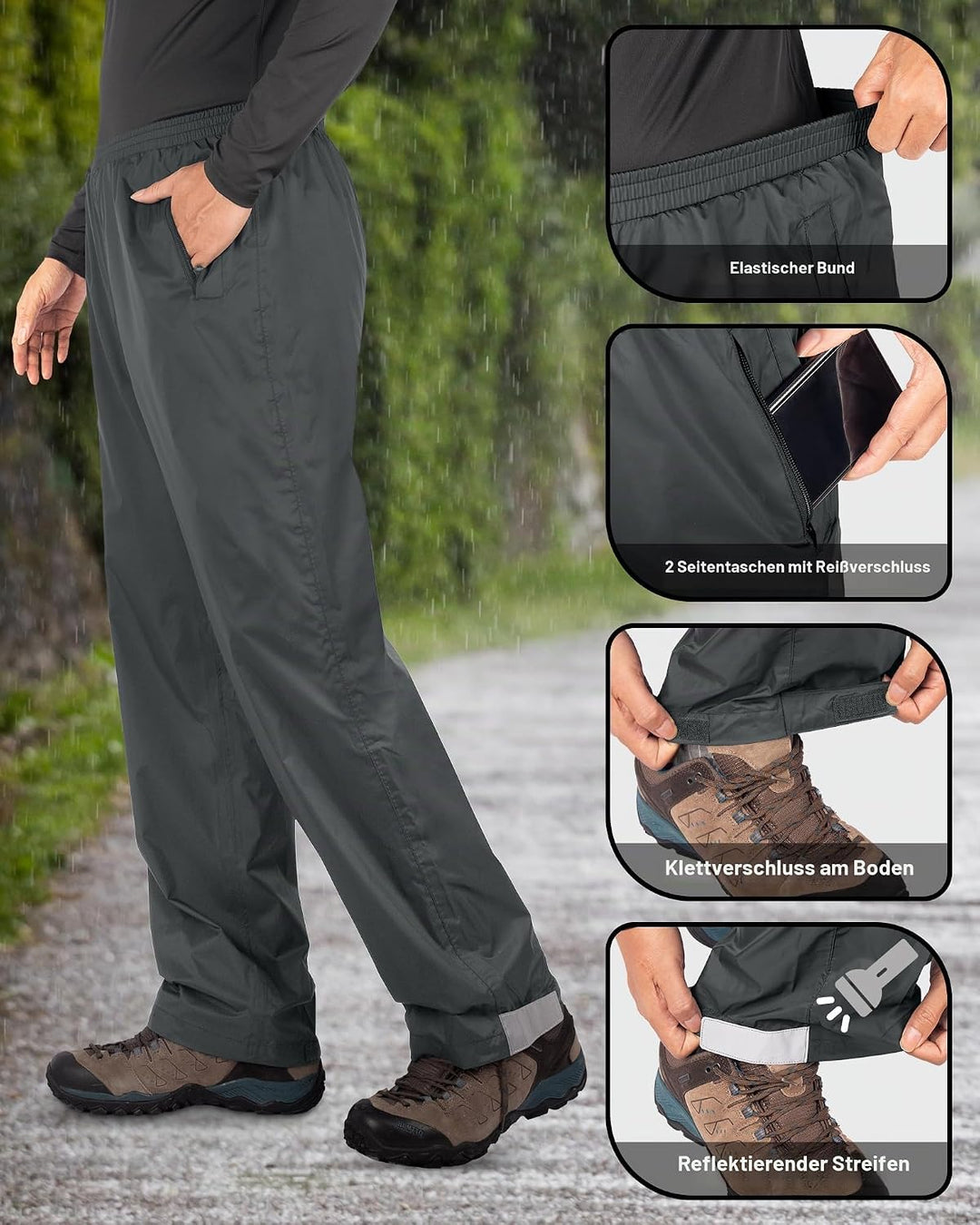 33,000ft Packbare Regenhose Herren Wasserdicht Leichte Fahrrad Überziehhose Winddicht Reflektierende