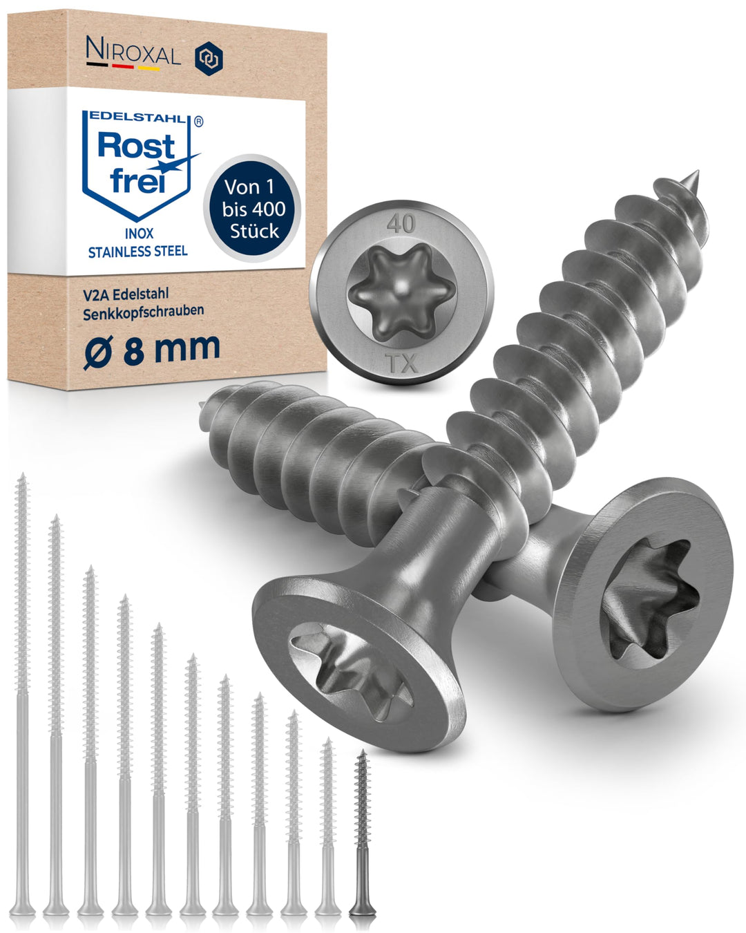 Schrauben Torx Edelstahlschrauben 8x60 Edelstahl V2A rostfrei Spanplattenschrauben für Holz Teilgewi