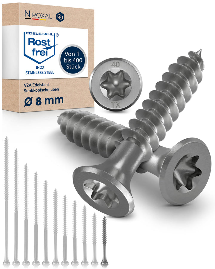 Schrauben Torx Edelstahlschrauben 8x60 Edelstahl V2A rostfrei Spanplattenschrauben für Holz Teilgewi