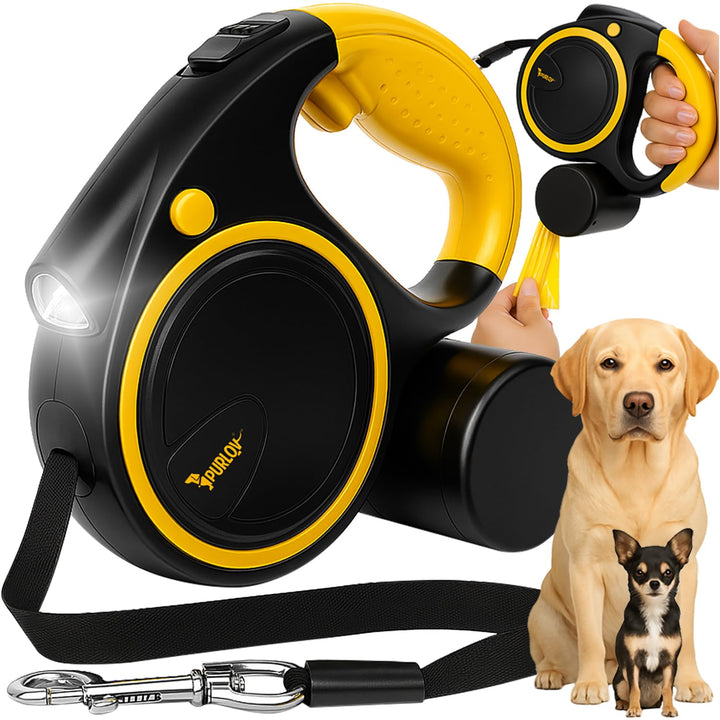 Hunde-Flexileine mit LED-Licht & Kotbeutelspender – 5m Automatikleine für mittelgrosse Hunde 10–25kg