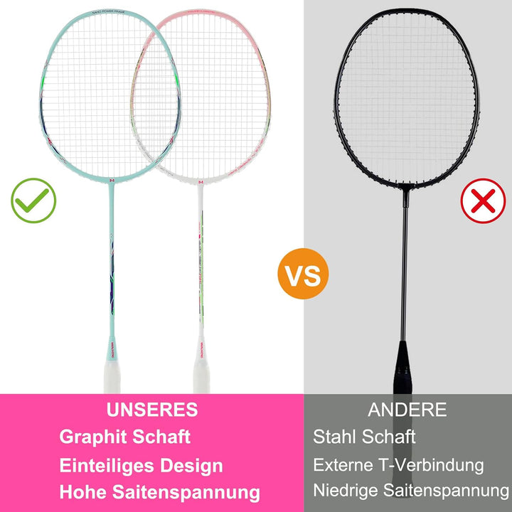 Badminton Set mit 2 Graphit Schläger - Kratzfestes Design - Federball Set für Erwachsene Incl. Feder