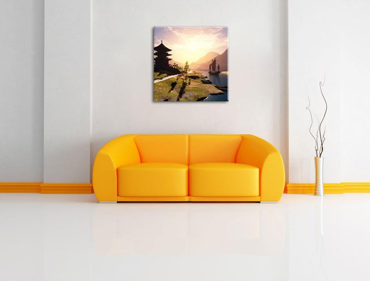 Pixxprint asiatischer Tempel an Fluss als Leinwandbild | Grösse: 70x70 cm | Wandbild | Kunstdruck |