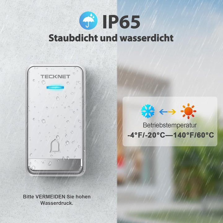 TECKNET Türklingel Batterielose, Steckdosen-Funkklingel Wasserdicht Drahtloses Funk Türklingel mit 2