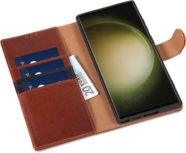 LENSUN Lederhülle für Samsung Galaxy S23 Ultra, Echtleder Handyhülle [Echtes Leder] [Magnetverschlus