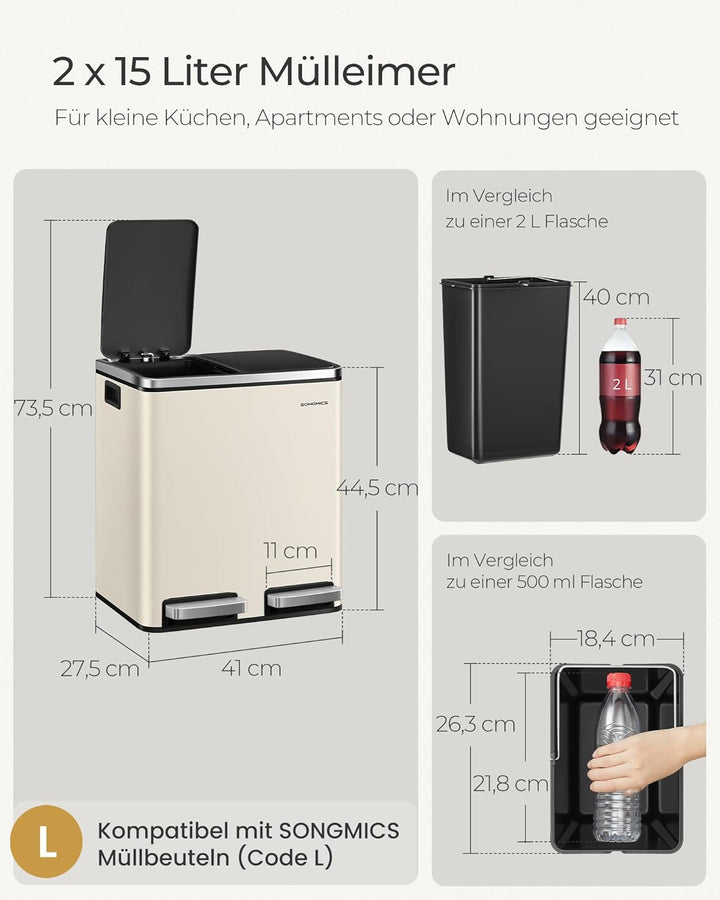 SONGMICS Küchenmülleimer, 2 x 15 l, Doppeleimer für Recycling und Abfall, Treteimer mit zwei Fächern