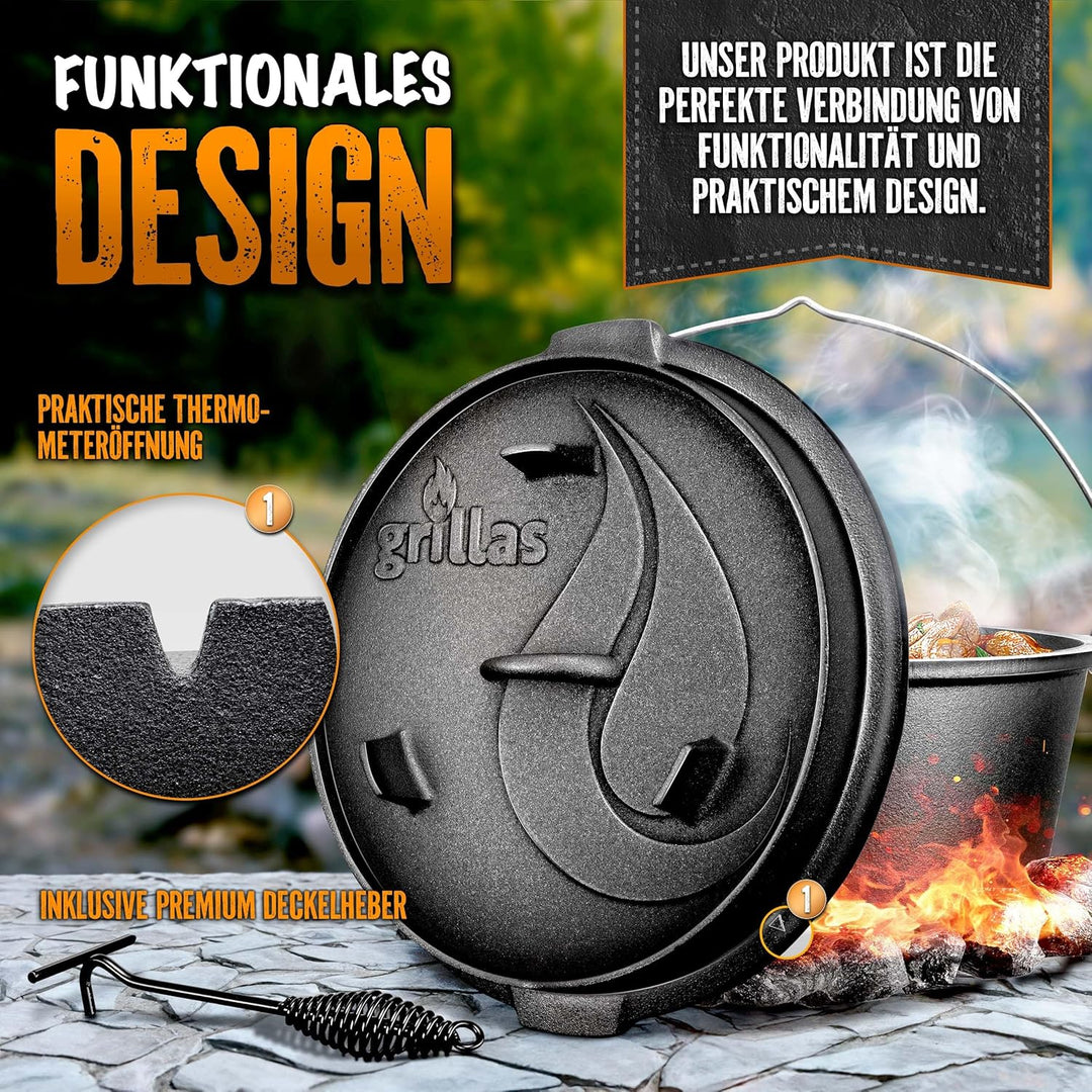 grillas Dutch Oven Set inkl. Rezeptideen | bereits eingebrannt - preseasoned | Feuertopf Gusseisen I