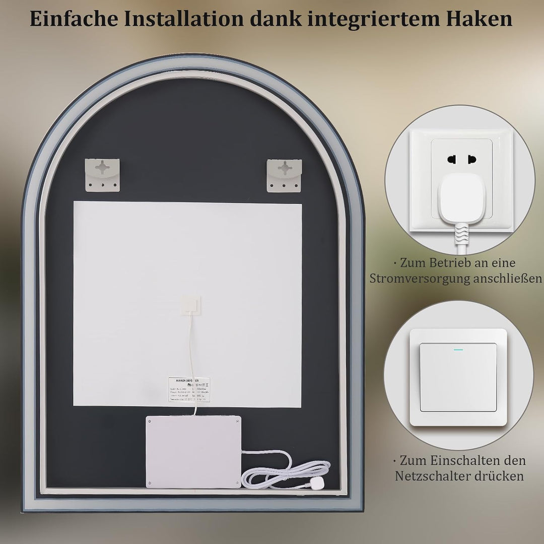 Koonmi LED Badspiegel 75 x 50 cm, dimmbar, Antibeschlag | Gewölbter Lichtspiegel mit 3 Lichtfarben,