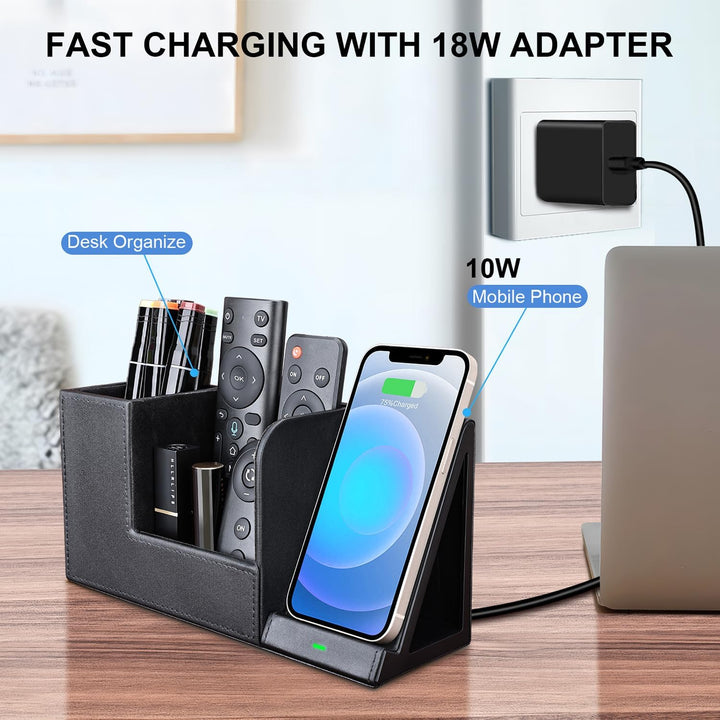 LADSTAG Stiftehalter Schreibtisch Organizer mit Induktive Ladestation, Leder Büro Organizer Schreibt