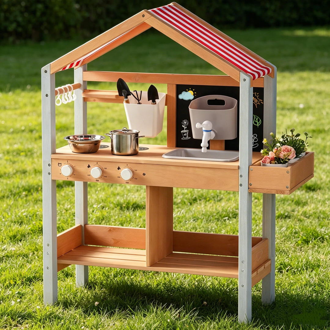 ROBUD Matschküche Outdoor Holz mit Sonnendach, Spielküche Kinder Matschküche im Freien mit Pflanzkas