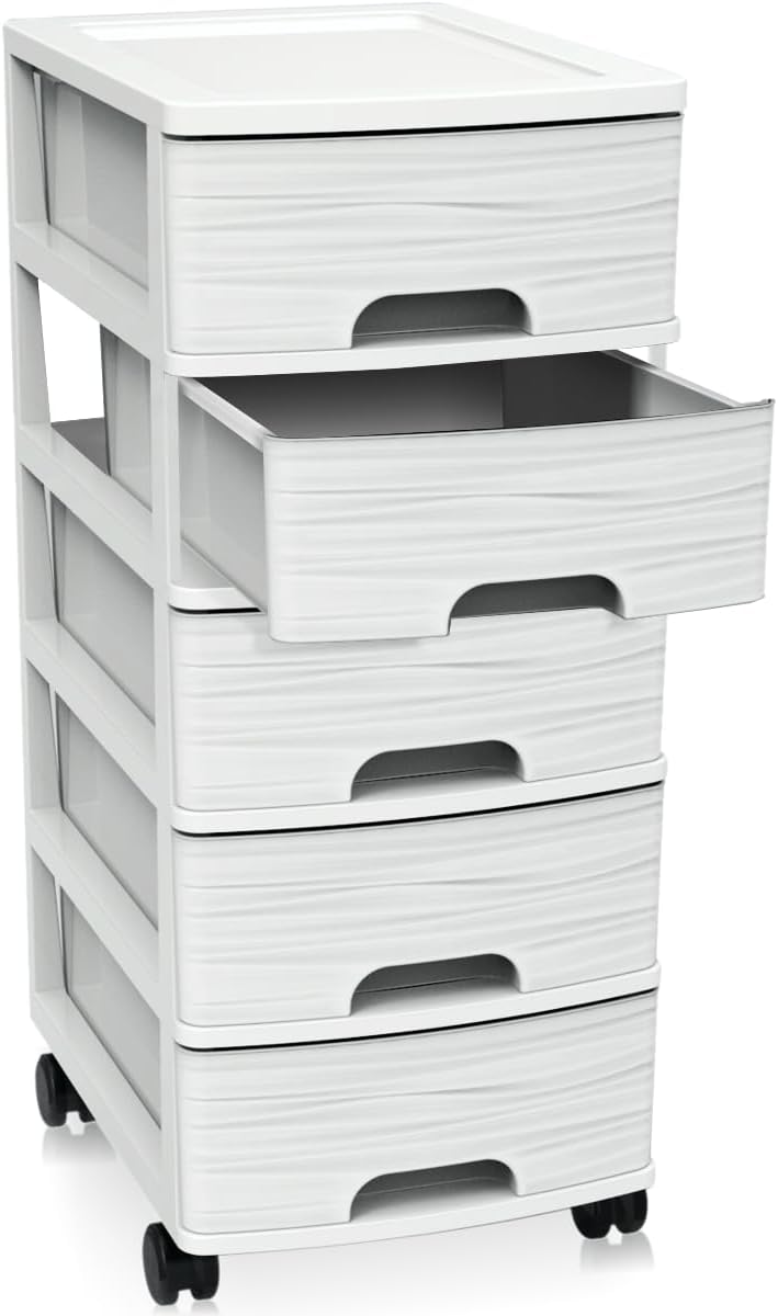 Schubladenschrank mit Rollen Rollcontainer mit 5 Schubladen Rollschrank aus Kunststoff Rollwagen (We
