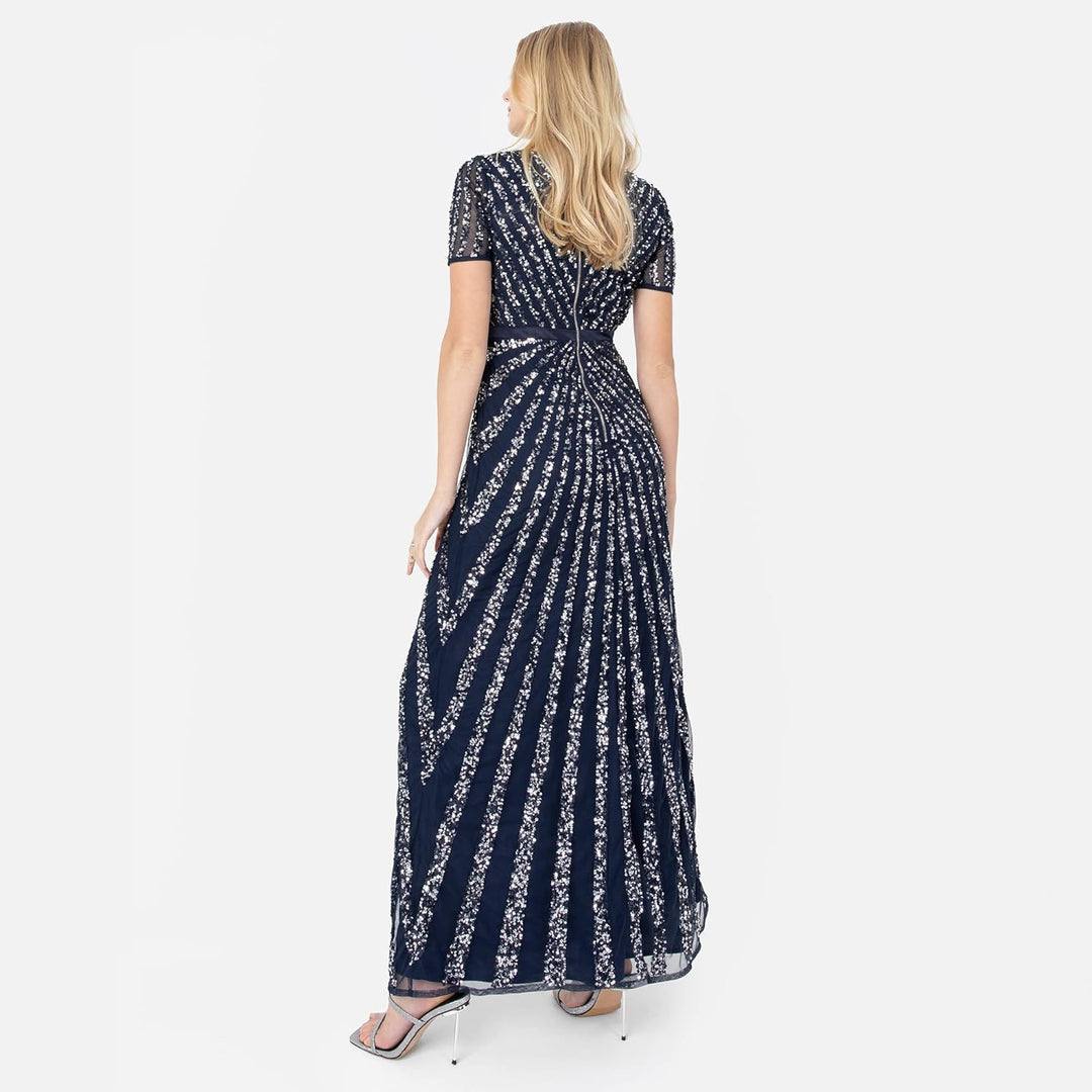 Maya Deluxe Damen Pailletten Maxi Abendkleid Elegant für Hochzeit V-Ausschnitt A-Linien-Schnitt Brau