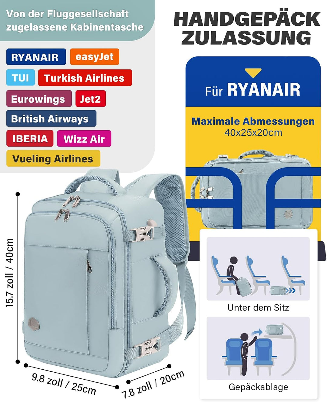 VANKEV für Ryanair Handgepäck 40x20x25 Laptop Rucksack Reiserucksack Klein Handgepäck Tasche Rucksac