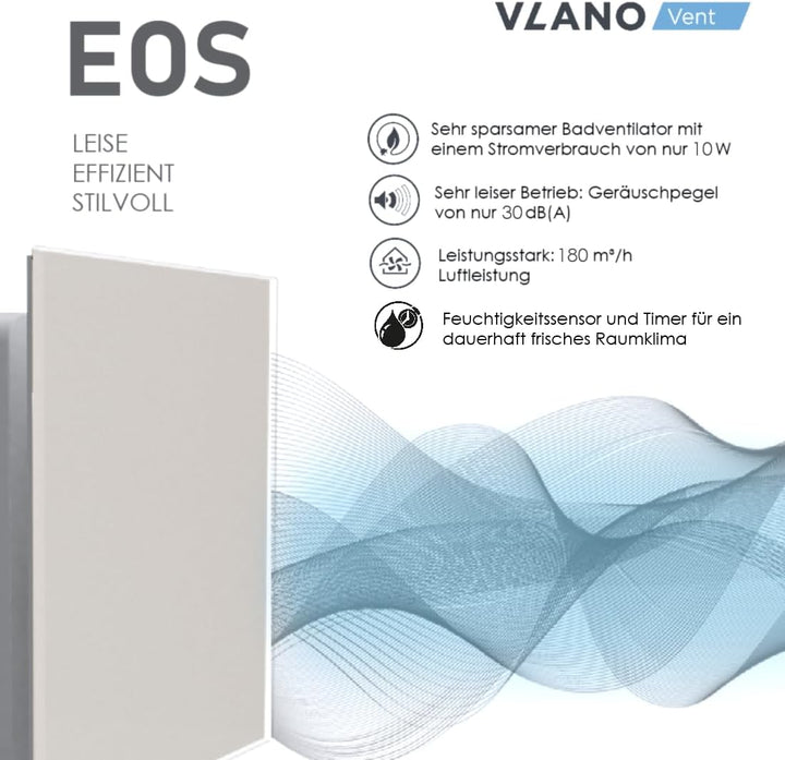 Vlano Badlüfter EOS 125 H WH, mit Feuchtigkeitssensor &amp; Nachlauf, 125 mm, Glasfrontplatte, Rückschla