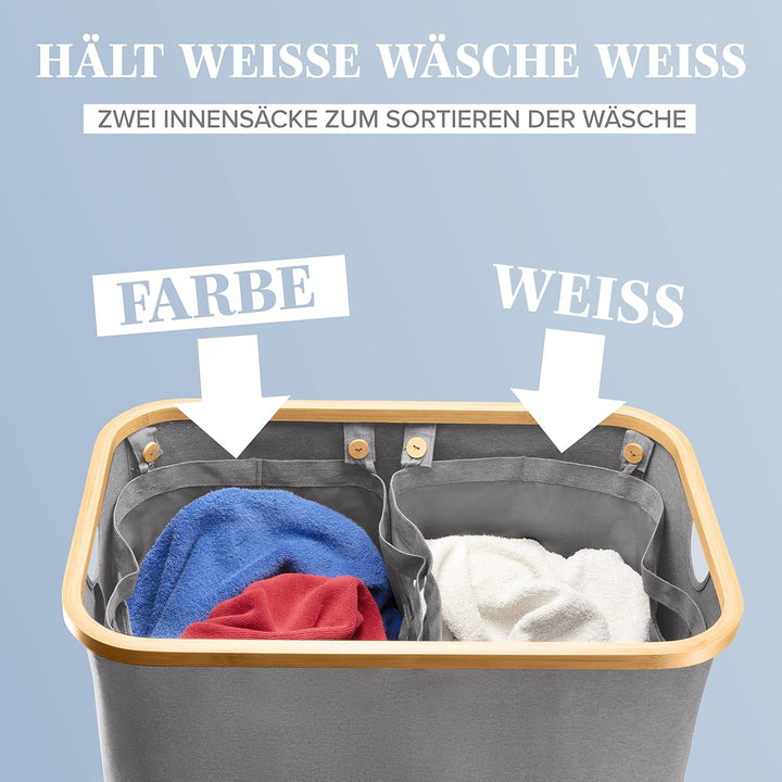 Lonbet - Doppelter Wäschekorb mit Deckel und zwei herausnehmbaren Wäschesäcken Grau – Extra grosser