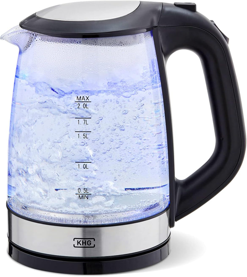 KHG Wasserkocher WK-1706 GES Glas, 2 Liter, LED Beleuchtung, Kalkfilter, Wasserstandsanzeige, Öffnen