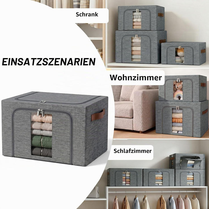 Kleiderboxen Aufbewahrung Mit Metallrahmen: Stapelbar Grau 4x66L | Faltbar Aufbewahrungstasche mit D