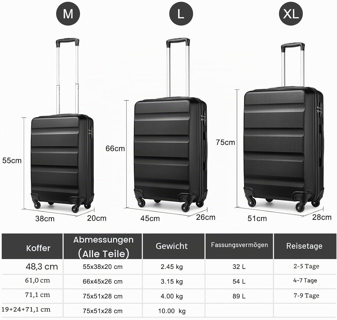KONO Gepäck-Sets Kofferset Hartschale Koffer Reisekoffer Set 3 teilig Hartschalenkoffer Rollkoffer S