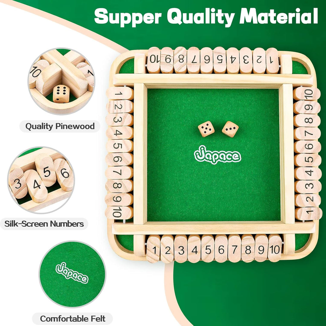 Japace Shut The Box Spiel, Brettspiel aus Holz, 4 Spieler Würfelspiel Mathematik Lernspielzeug Kinde
