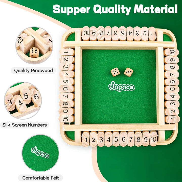 Japace Shut The Box Spiel, Brettspiel aus Holz, 4 Spieler Würfelspiel Mathematik Lernspielzeug Kinde