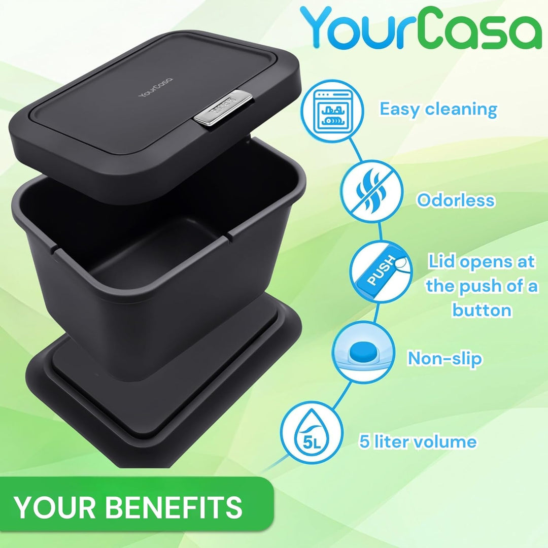 YourCasa® Biomülleimer Küche 5L - geruchsdichter Bio Mülleimer mit Deckel & Knopfdruck-Mechanismus -