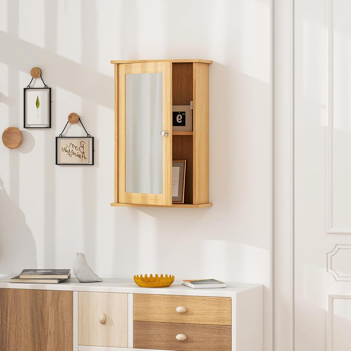 COSTWAY Bad Spiegelschrank, Hängeschrank mit Spiegeltür & Verstellbarer Ablage, Wandschrank Holz, Ba