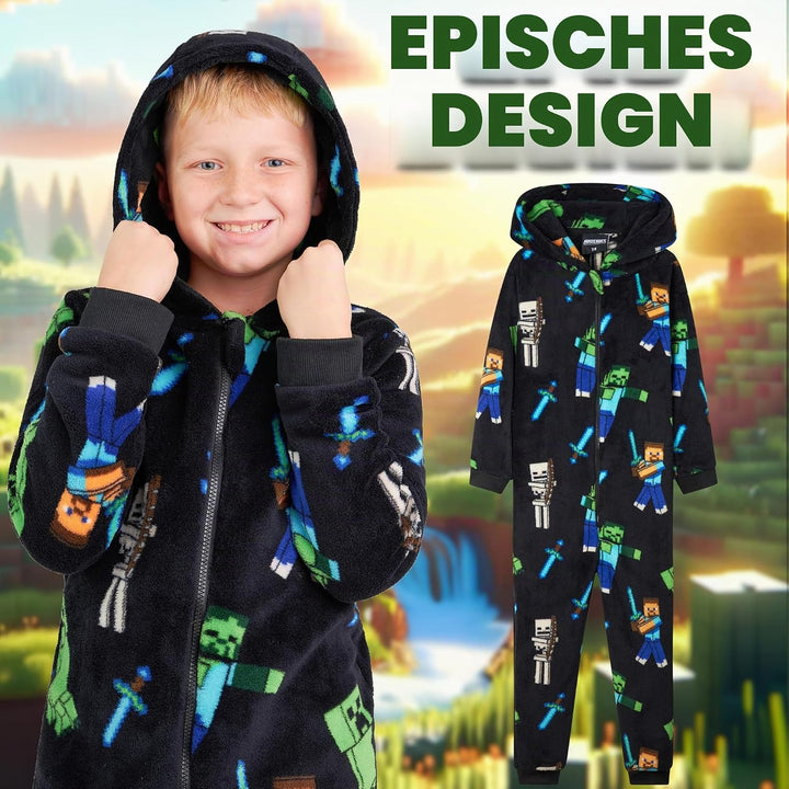 Minecraft Onesie Creeper Fleece Jumpsuit Sleepsuit Gamer Geschenk Schlafoverall mit Kapuze für Junge