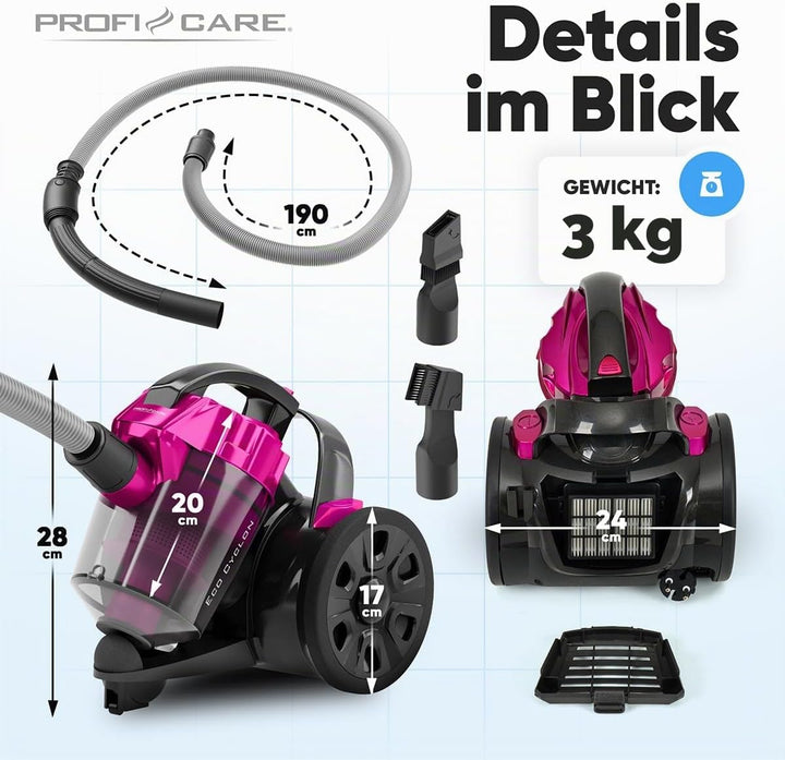 Proficare, Bodenstaubsauger ohne Beutel, 700 W, Rosa, PC-BS3134-Pink, HEPA-Filtration, Teleskoprohr,