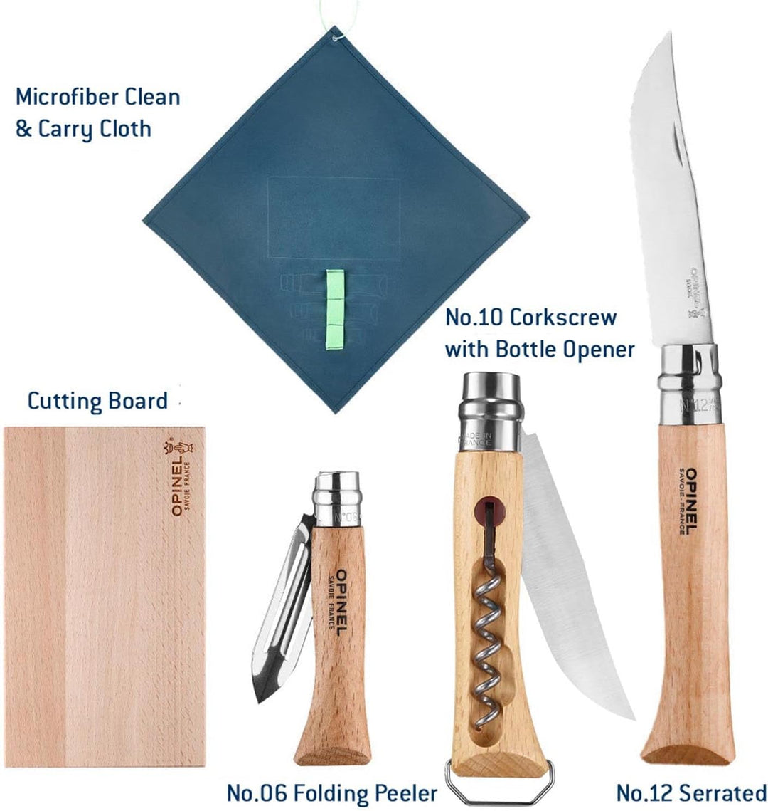 Opinel Outdoor Set mit Messer No. 12, No. 10, No. 6 und einem Buchenholzbrett, 254653, Buchenholz, B