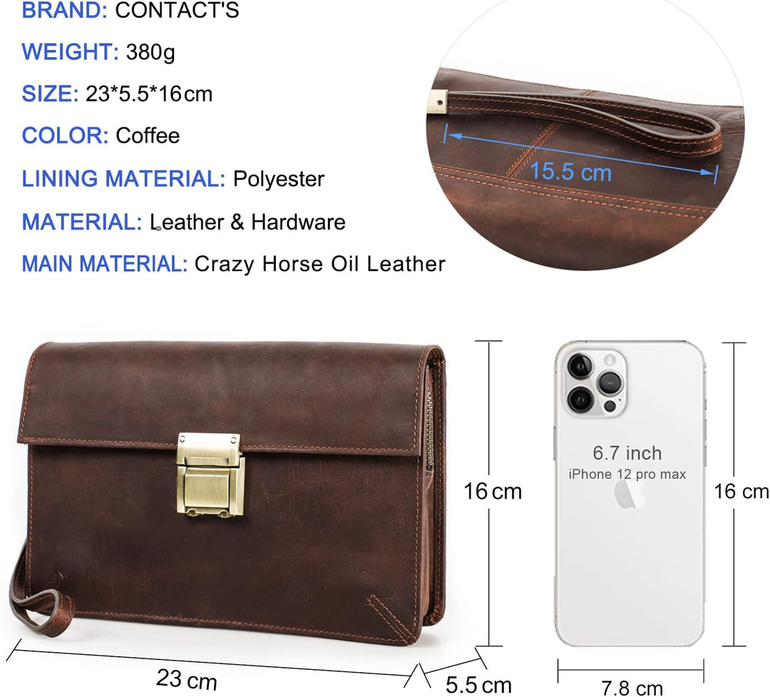 Contacts Herren-Leder-Clutch Geschäftsreise Reissverschluss-Clutch mit Zahlenschloss Lange Retro-Bri