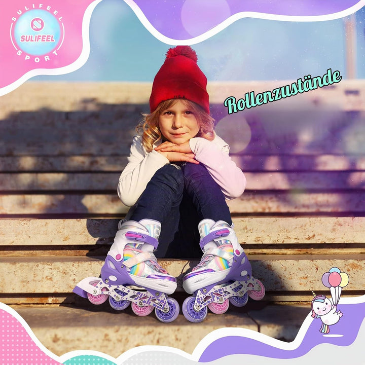 SULIFEEL Rainbow Unicorn Verstellbare Schwarz Rollschuhe für Kinder mit Leuchtenden Rädern für Junge