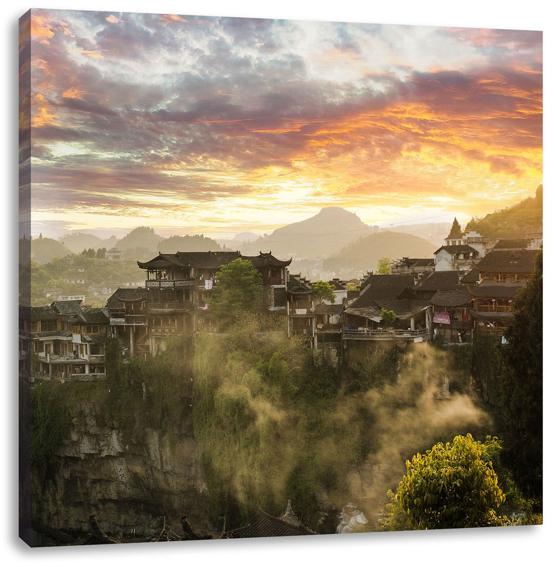 Gigantisches Dorf in China, Format: 70x70 auf Leinwand, XXL riesige Bilder fertig gerahmt mit Keilra