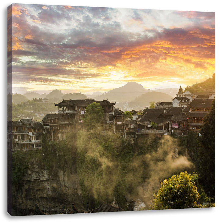 Gigantisches Dorf in China, Format: 70x70 auf Leinwand, XXL riesige Bilder fertig gerahmt mit Keilra