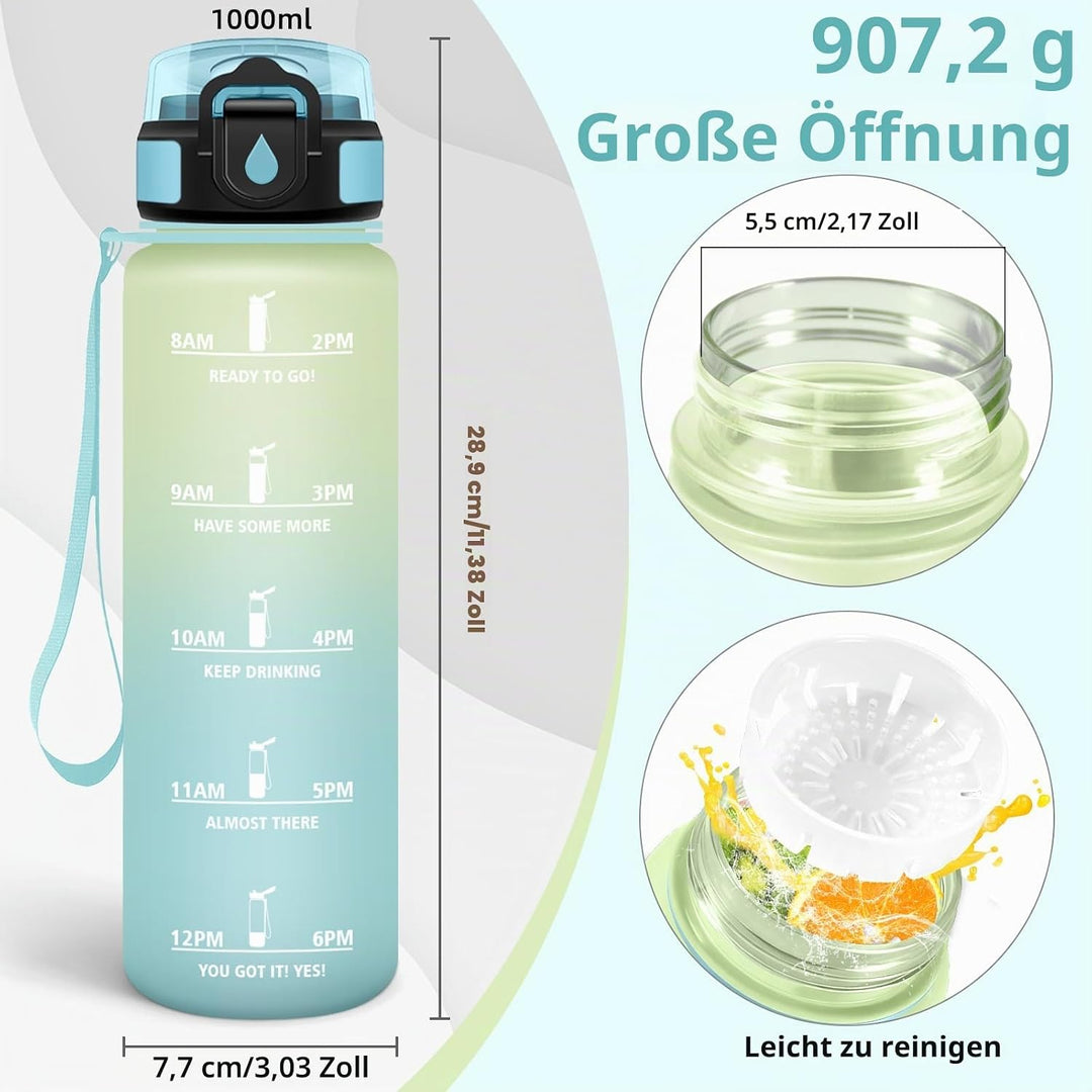 HoneyHolly Trinkflasche 1L, Auslaufsicher mit Zeitmarkierung, Wasserflasche, Sportflasche mit Filter