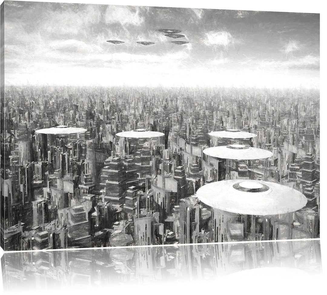 Pixxprint UFO´s über der Stadt Kunst als Leinwandbild/Grösse: 100x70 / Wandbild/Kunstdruck/fertig be