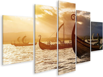 islandburner Bild auf Leinwand Wikinger Sturm Schiffe Meer Bilder Wandbilder Poster Leinwand 170x80c