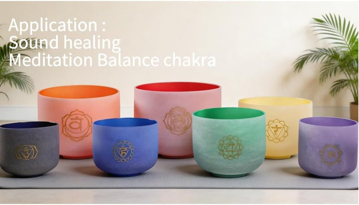 ENERGYSOUND 432 Hz 6-12 Inch Coloured Chakra Design Set of 7 Quartz Crystal Singing Bowl Healing & Y