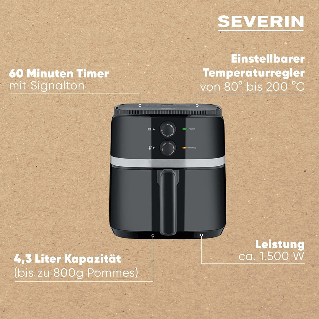 SEVERIN Heissluftfritteuse mit 5 Liter Garraum, Heissluft Fryer für gesundes Kochen, Fritteuse ohne