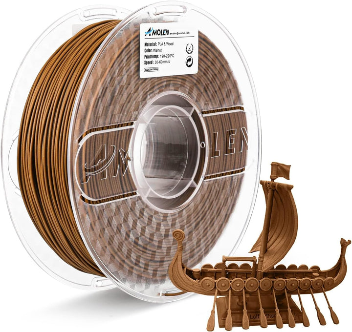 AMOLEN PLA Filament 1.75mm, Holz Nussbaum 3D Drucker Filament mit 30% Echter Holzfaser, Massgenauigk