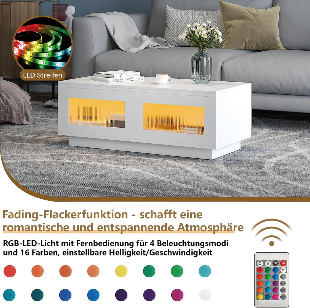 KEEPREAPER Couchtisch Wohnzimmertisch mit LED Beleuchtung, Sofatisch mit 2 Ablagefächern für Wohnzim