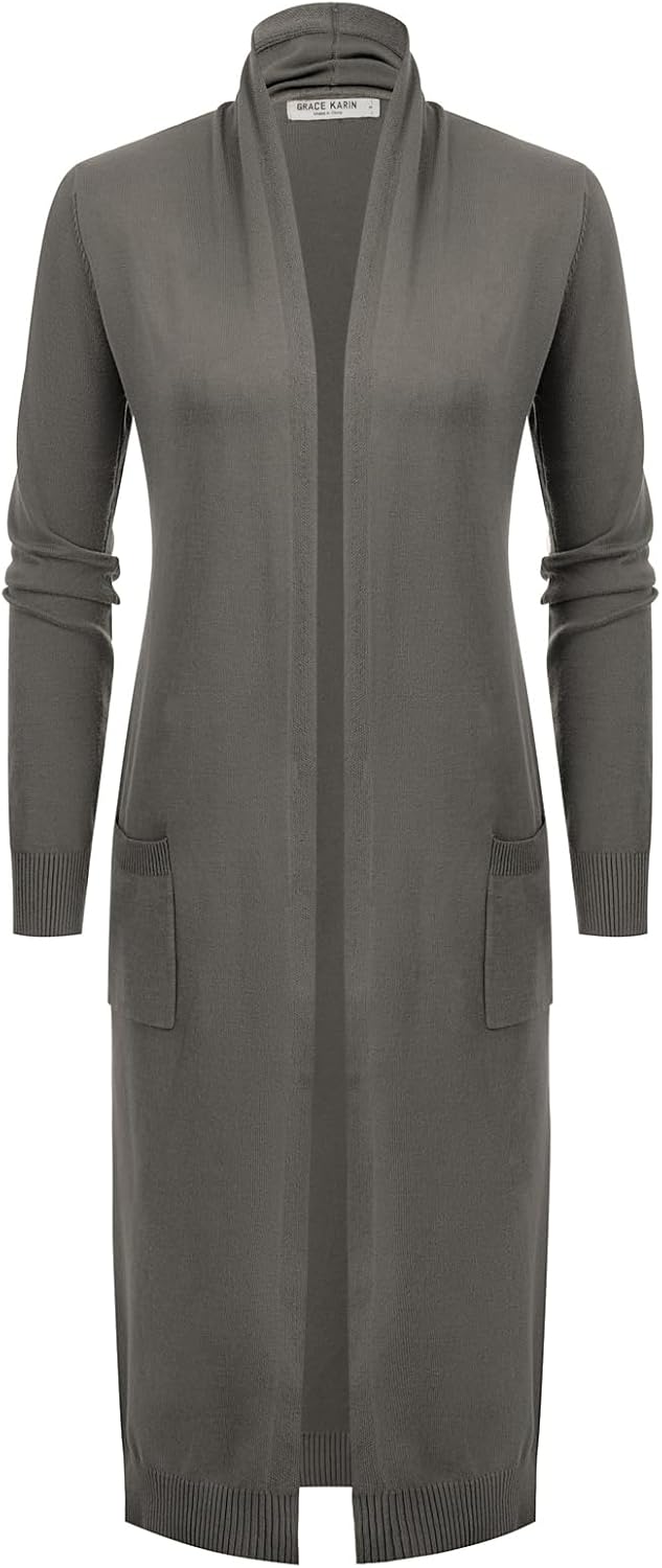 GRACE KARIN Damen Strickjacke Lang Langarm Casual Cardigan Sweater Open Front S Hellgrau, S Hellgrau