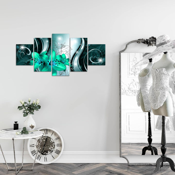 Runa Art Wandbilder Blumen Lilien 5 Teilig Bild auf Vlies Leinwand Deko Wohnzimmer Abstrakt Grün Sch