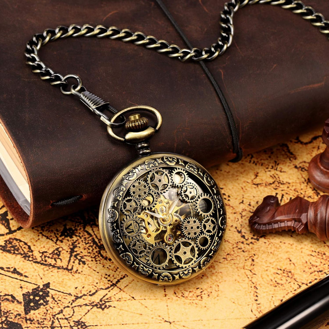 TREEWETO Mechanische Skelett-Taschenuhr für Herren und Damen, Bronze-Ausrüstung, hohles Gehäuse, Ste