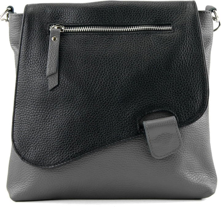 modamoda de - T146 - ital Messengertasche Umhängetasche aus Leder Dunkelgrau/Schwarz2021, Dunkelgrau