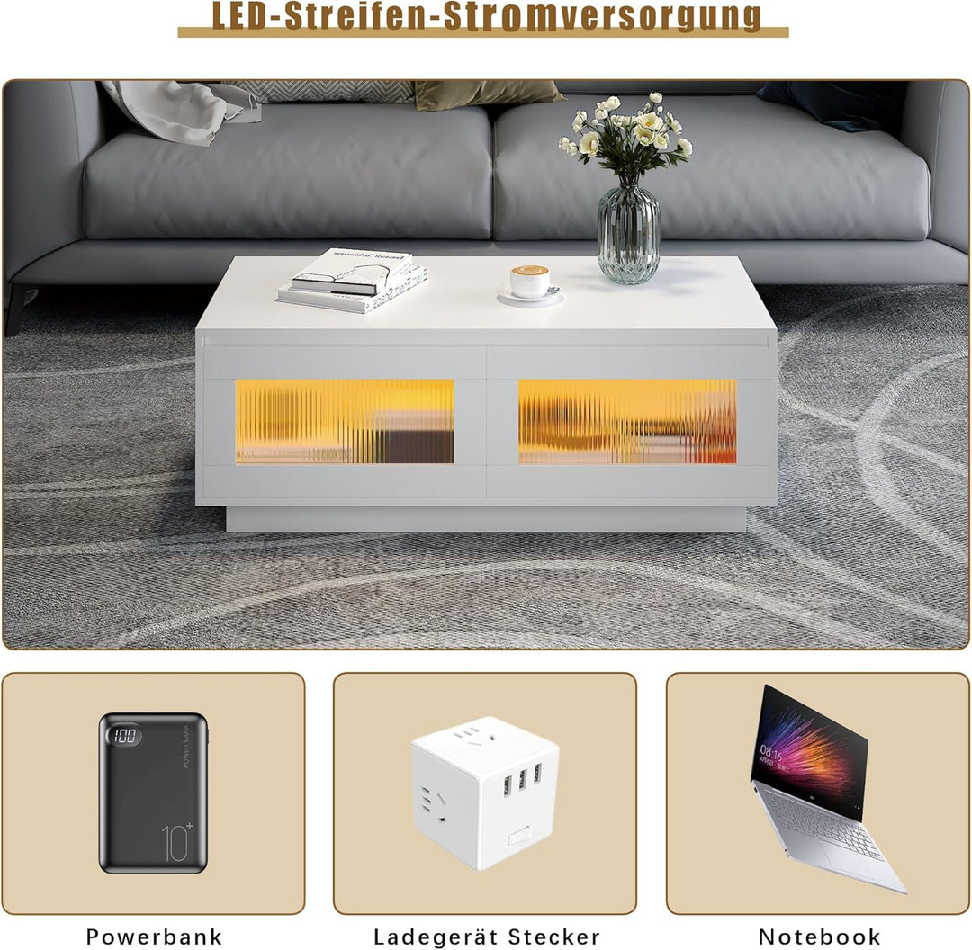 KEEPREAPER Couchtisch Wohnzimmertisch mit LED Beleuchtung, Sofatisch mit 2 Ablagefächern für Wohnzim