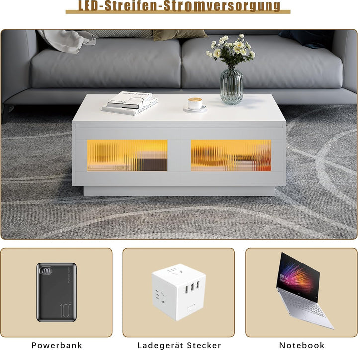 KEEPREAPER Couchtisch Wohnzimmertisch mit LED Beleuchtung, Sofatisch mit 2 Ablagefächern für Wohnzim