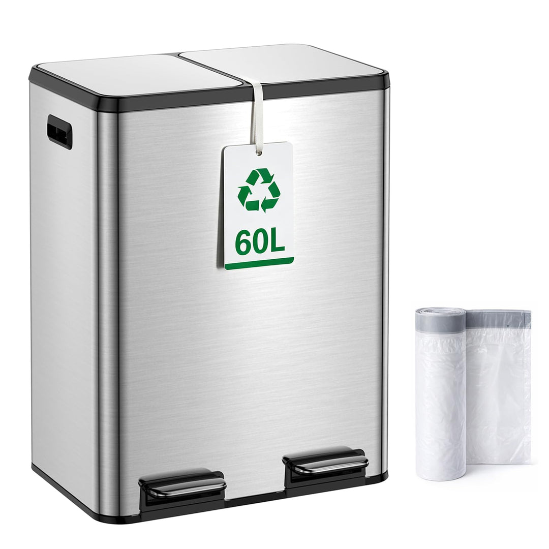 YEAUPE PRO Mülleimer Küche 60L Edelstahl, 2x30L Mülltrennsystem mit Softclose Deckel, Treteimer mit