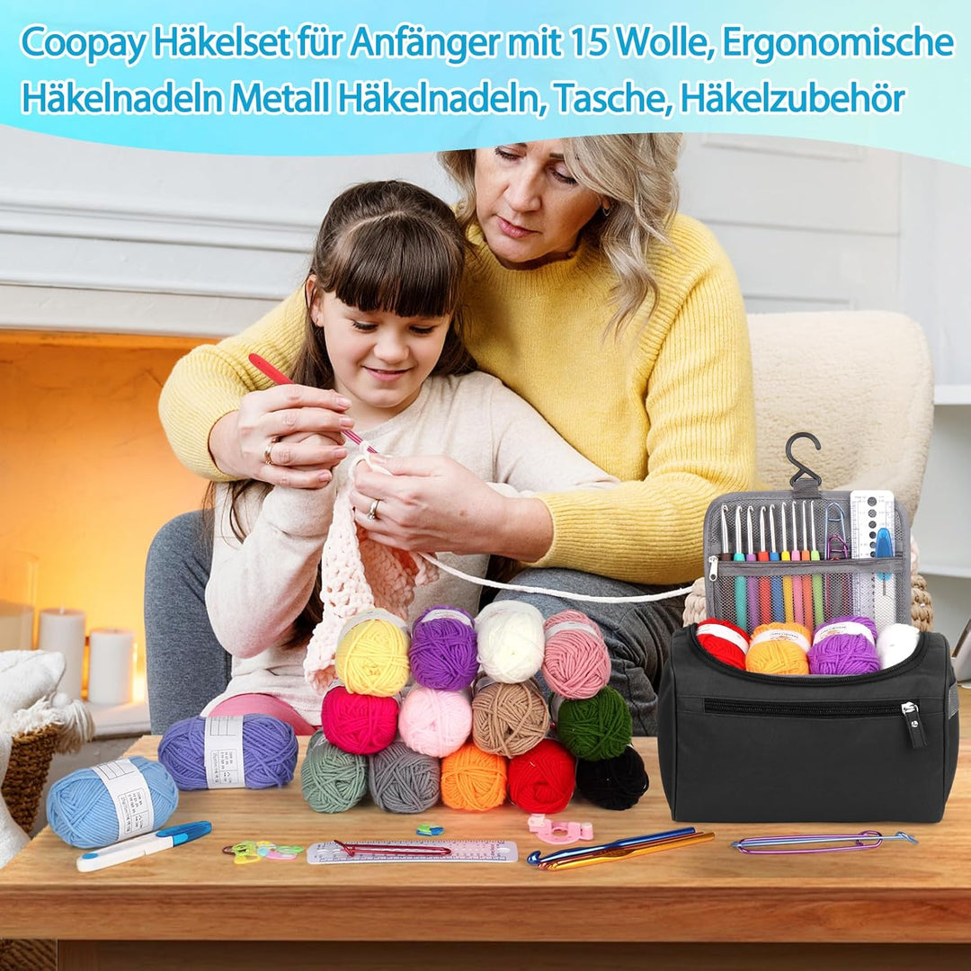 Coopay Tragbar Häkelset für Anfänger, Häkelnadel Set mit 15 Wolle, Tasche, Häkelzubehör, Ergonomisch